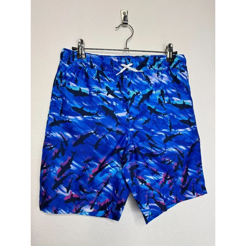 Lands' End Boys Large Cool Sharks Swim Trunks Drawstring Pocket Mesh Lined NWT